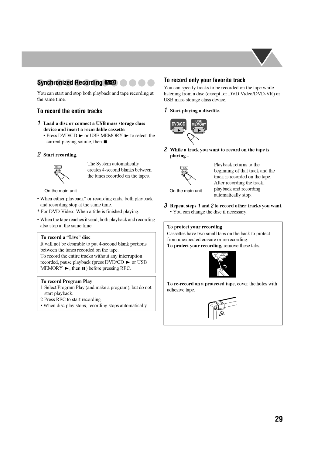 JVC 0207WMKMDCJEM, CA-UXG68 Synchronized Recording Info, To record the entire tracks, To record only your favorite track 