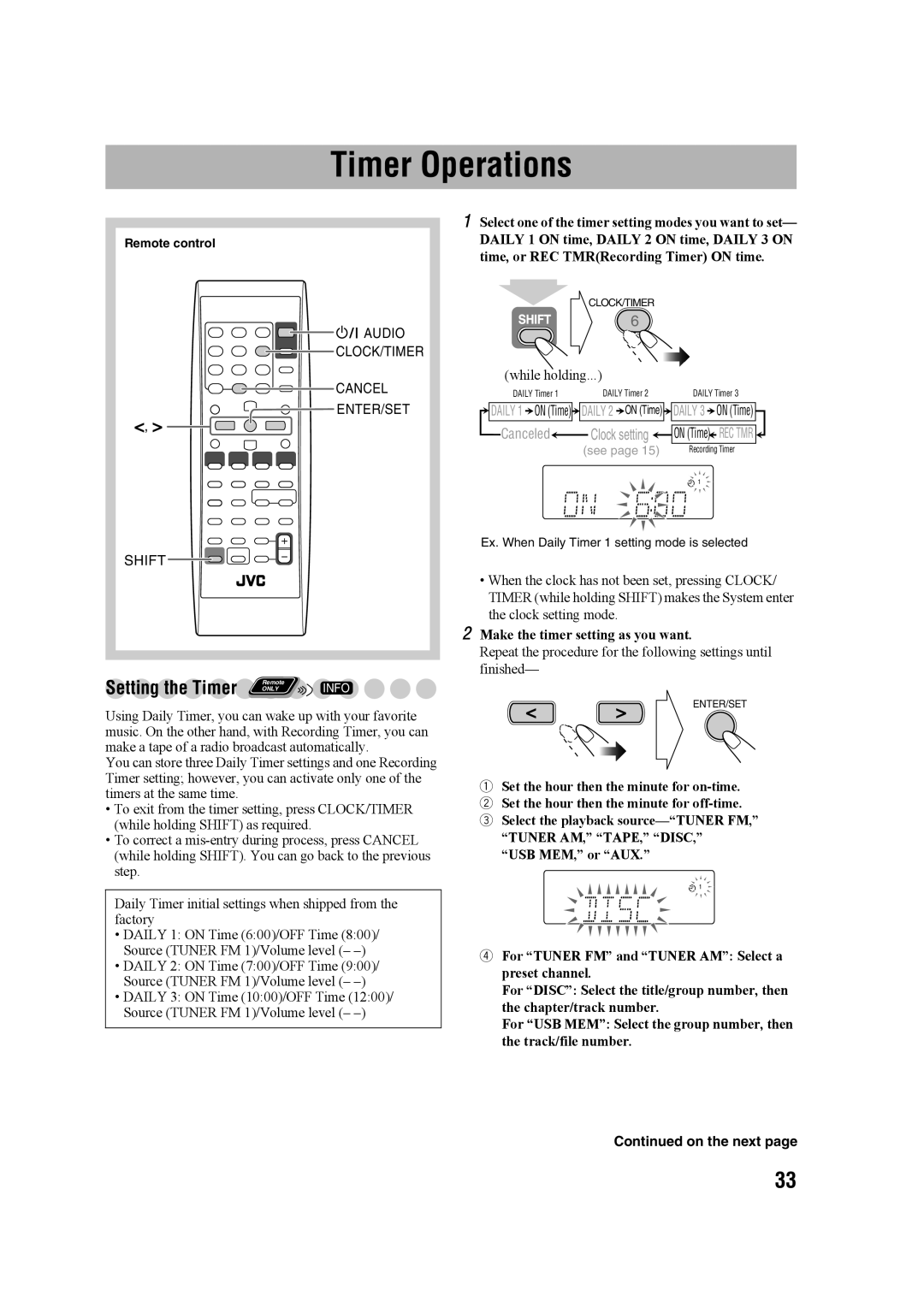 JVC 0207WMKMDCJEM, GVT0203-006A, CA-UXG68, SP-UXG68 manual Timer Operations, Setting the Timer 