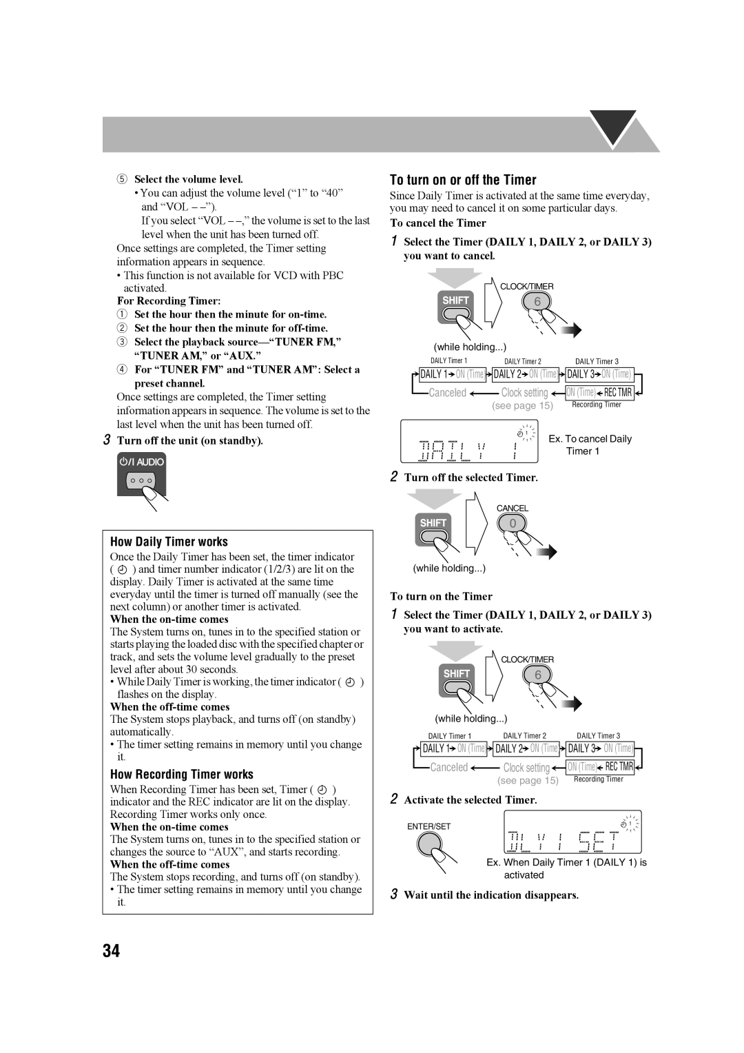 JVC GVT0203-006A, CA-UXG68, SP-UXG68 manual To turn on or off the Timer, How Daily Timer works, How Recording Timer works 