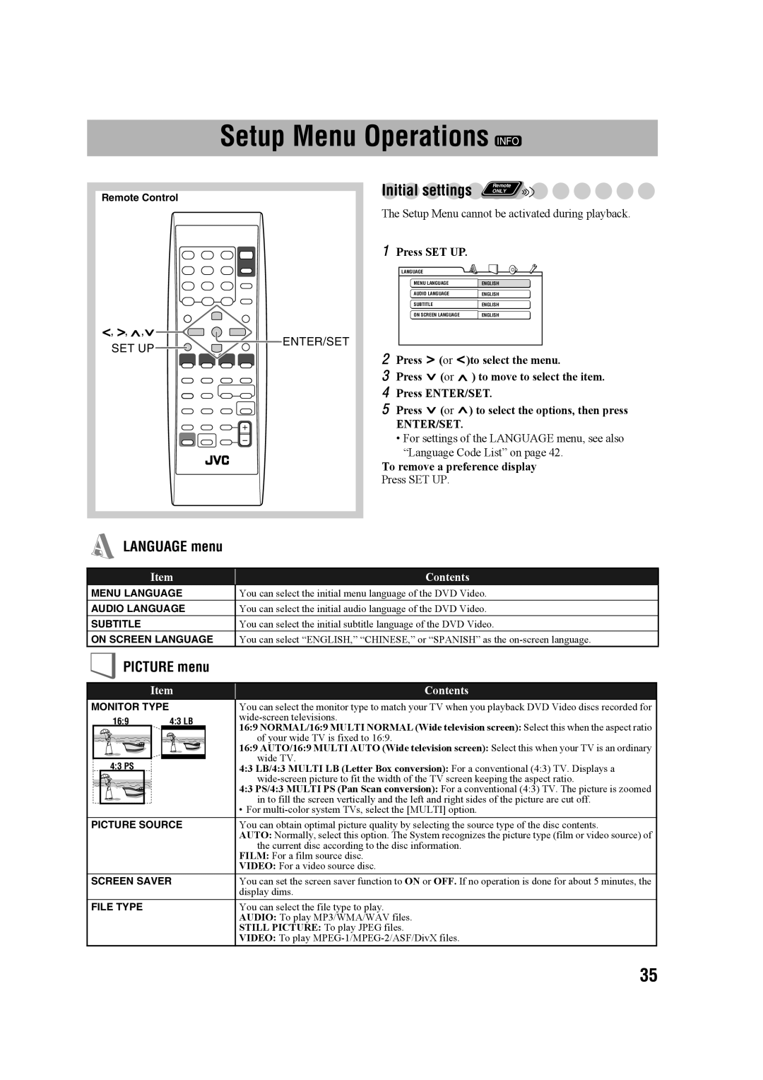 JVC CA-UXG68, GVT0203-006A, SP-UXG68, 0207WMKMDCJEM manual Setup Menu Operations Info, Language menu, Picture menu, Contents 