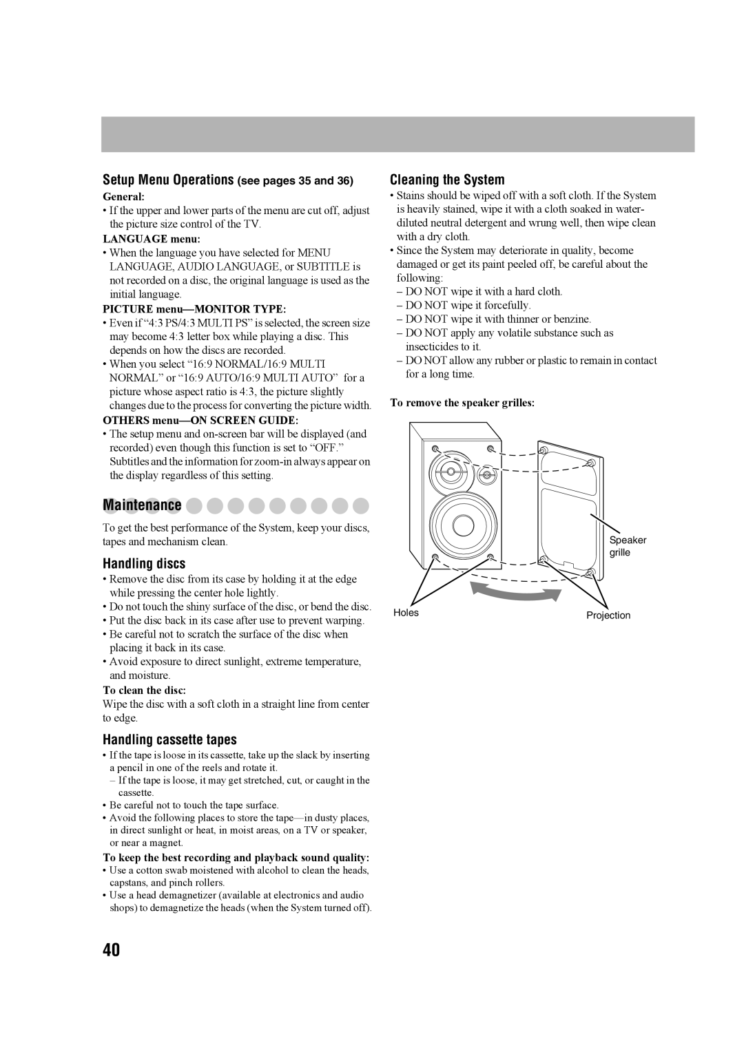 JVC SP-UXG68 Maintenance, Setup Menu Operations see pages 35, Handling discs, Handling cassette tapes, Cleaning the System 