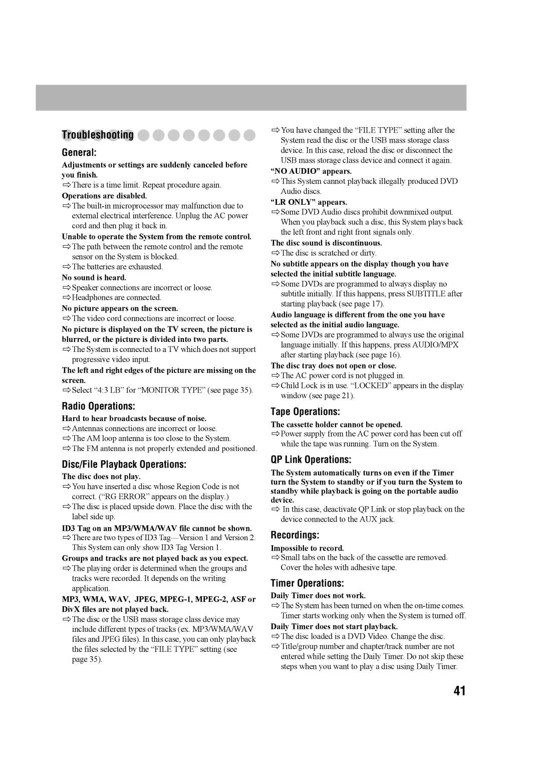 JVC 0207WMKMDCJEM, GVT0203-006A, CA-UXG68, SP-UXG68 manual Troubleshooting 