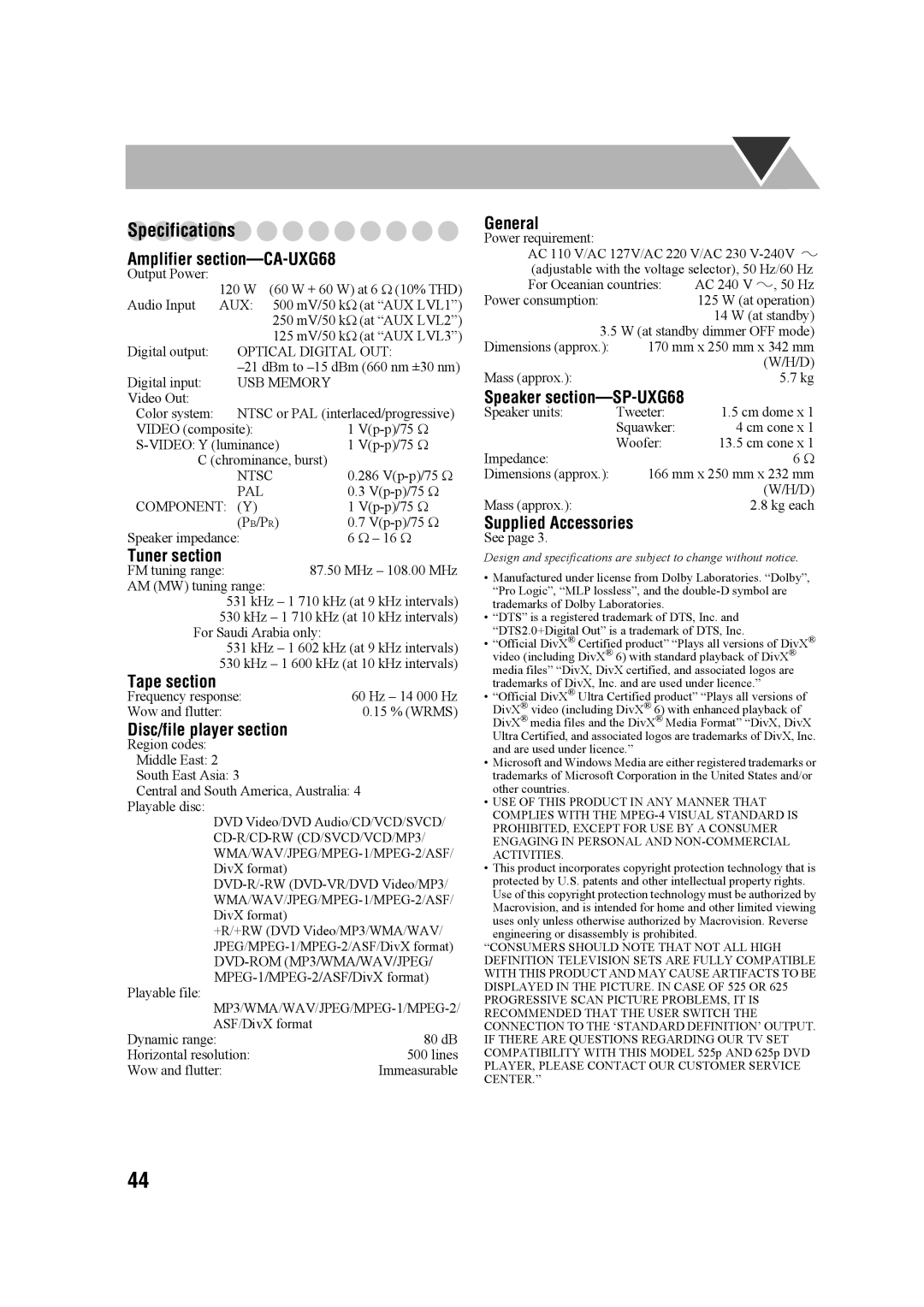 JVC SP-UXG68, GVT0203-006A, CA-UXG68, 0207WMKMDCJEM manual Specifications 