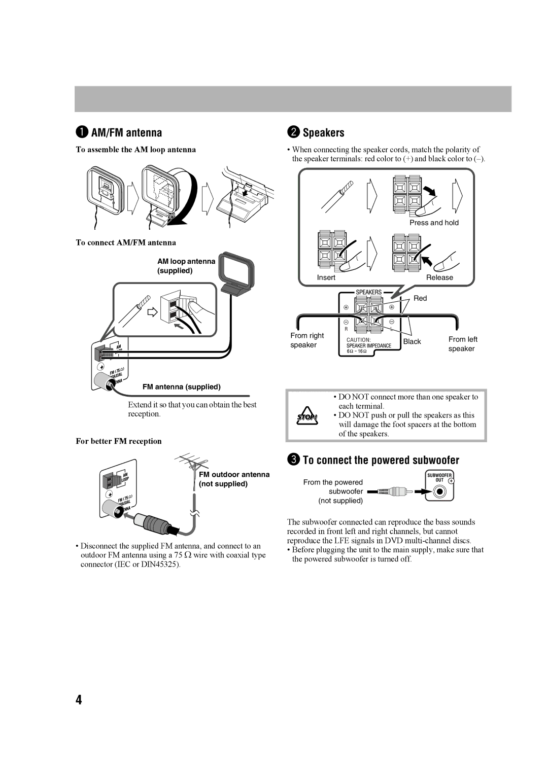 JVC SP-UXG68, GVT0203-006A, CA-UXG68 ~ AM/FM antenna, Speakers, To connect the powered subwoofer, For better FM reception 