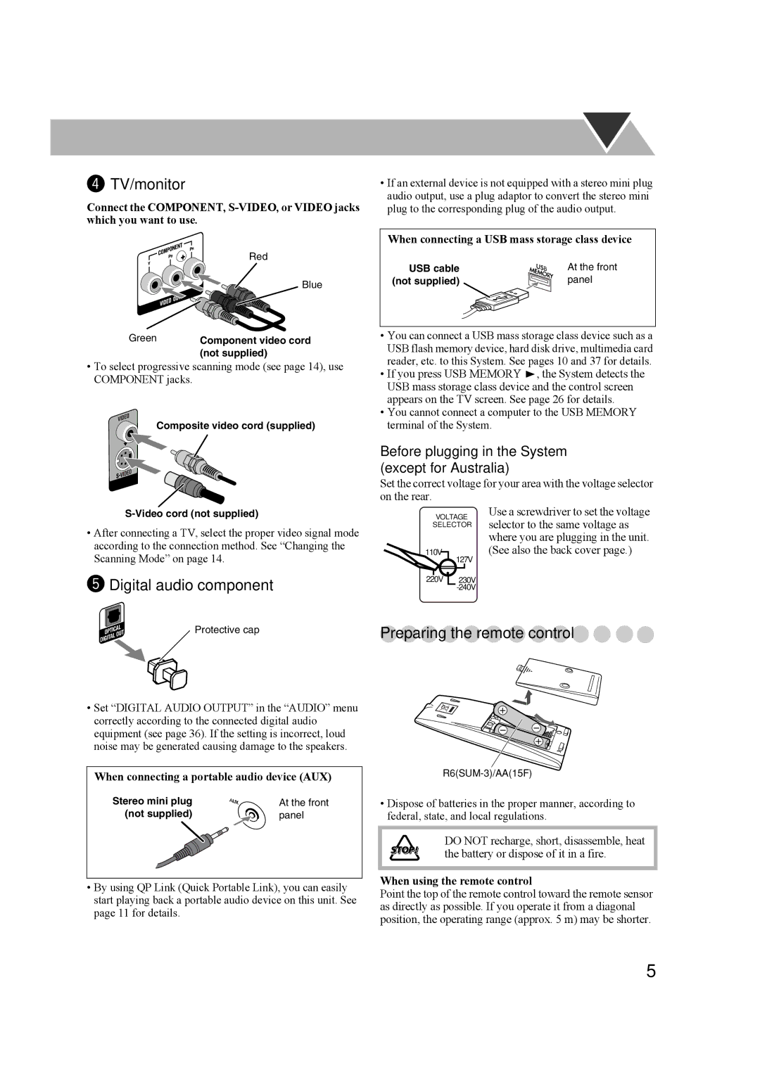 JVC 0207WMKMDCJEM, GVT0203-006A TV/monitor, @ Digital audio component, Before plugging in the System except for Australia 