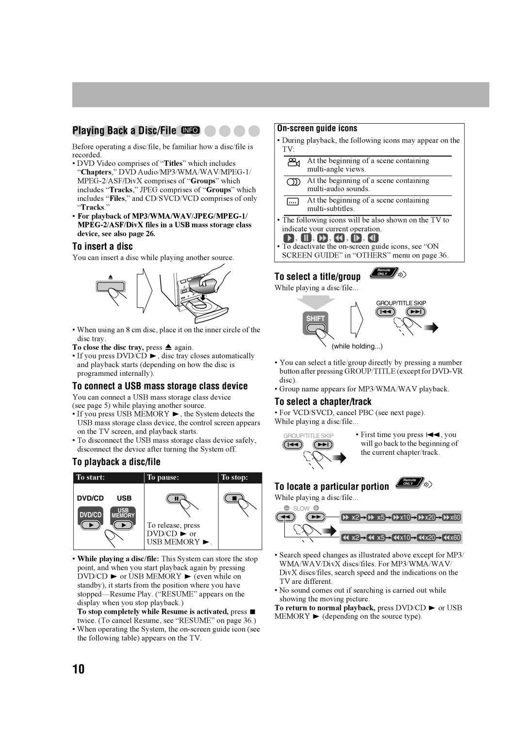 JVC GVT0203-006A manual Playing Back a Disc/File INFO, To insert a disc, To playback a disc/file, To select a title/group 