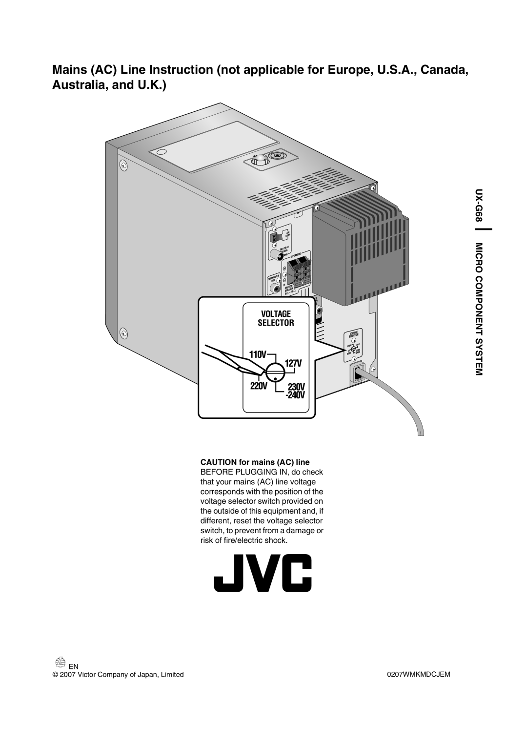 JVC GVT0203-006A, CA-UXG68, SP-UXG68, 0207WMKMDCJEM manual UX-G68MICRO COMPONENT SYSTEM, CAUTION for mains AC line 