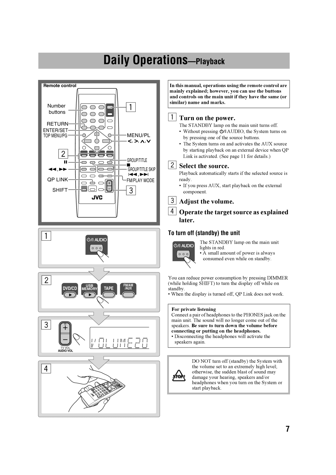 JVC CA-UXG68, GVT0203-006A manual Daily Operations-Playback, Turn on the power, Select the source, similar name and marks 