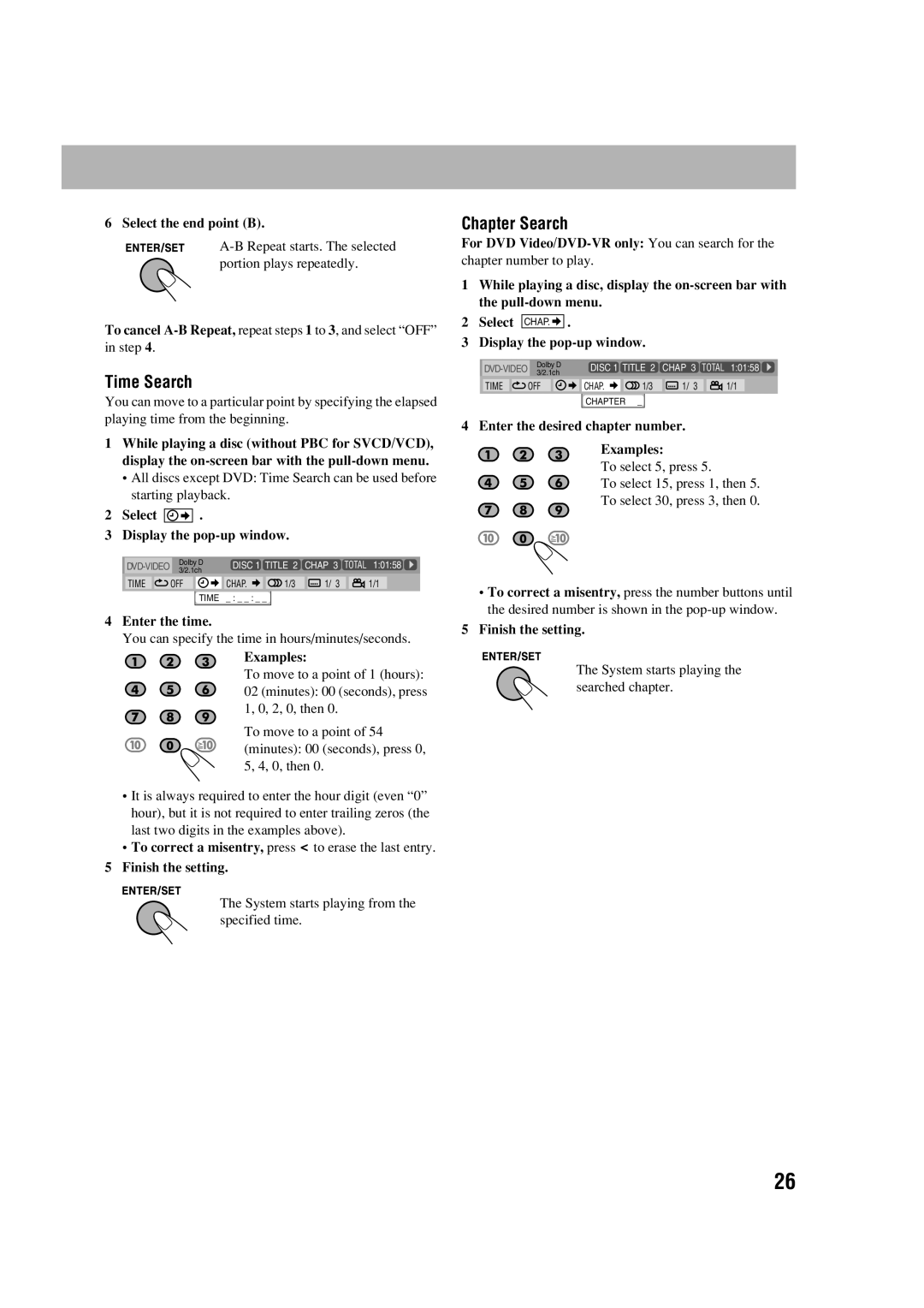 JVC CA-DXJ21 manual Chapter Search, For DVD Video/DVD-VR only You can search for, Enter the desired chapter number Examples 