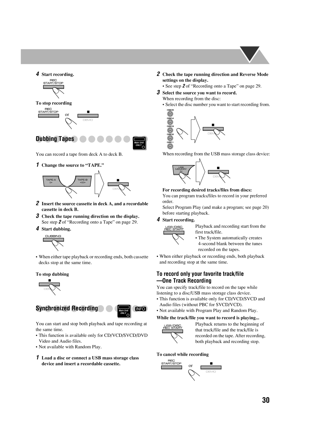 JVC CA-DXJ21, GVT0245-001A, DX-J21, CA-DXJ11 manual Synchronized Recording, Start recording To stop recording 