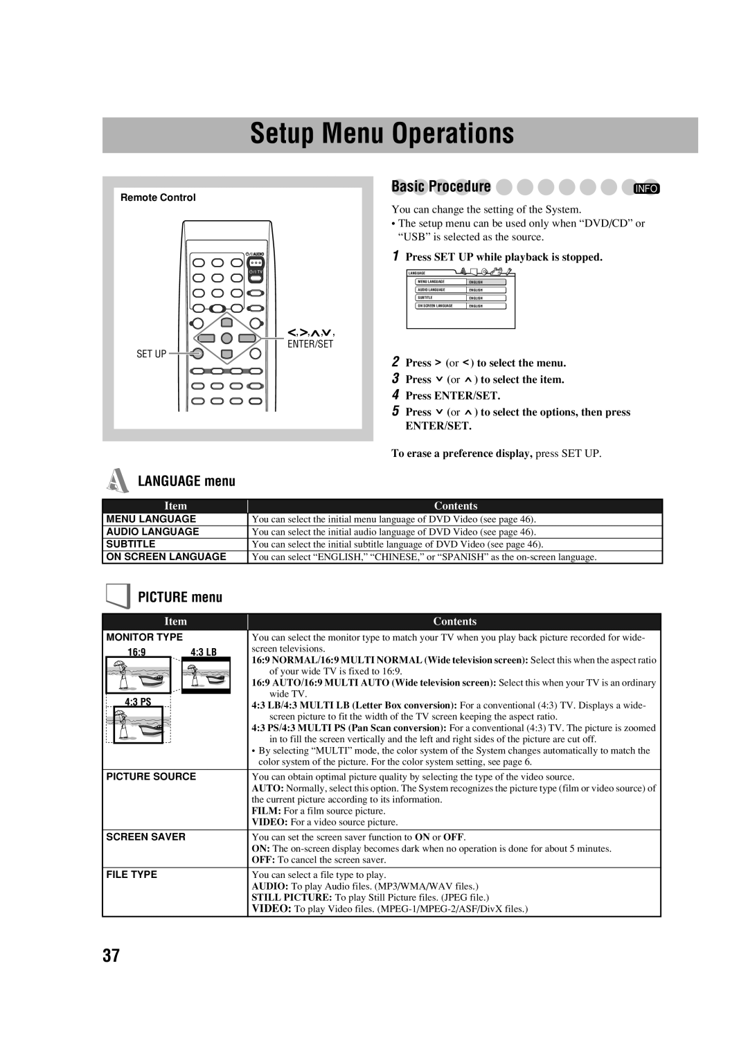 JVC GVT0245-001A, DX-J21, CA-DXJ11, CA-DXJ21 manual Setup Menu Operations, Language menu, Picture menu 