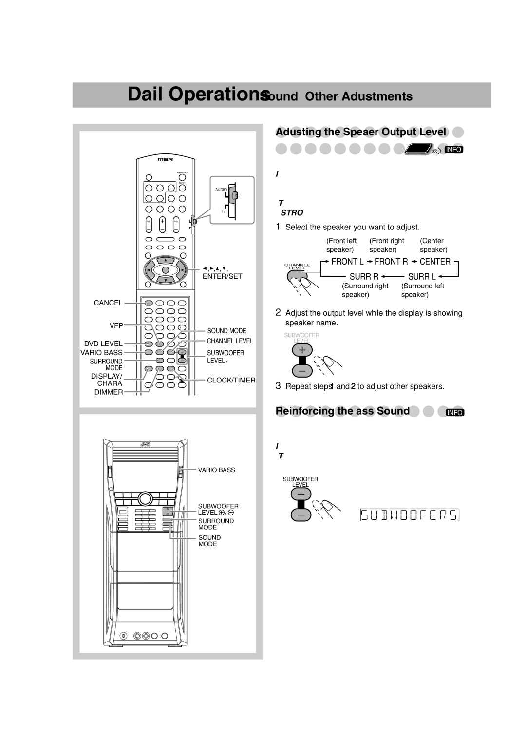 JVC CA-DXU9 Adjusting the Speaker Output Level, Front L Front R, Surr R Surr L, Select the speaker you want to adjust 