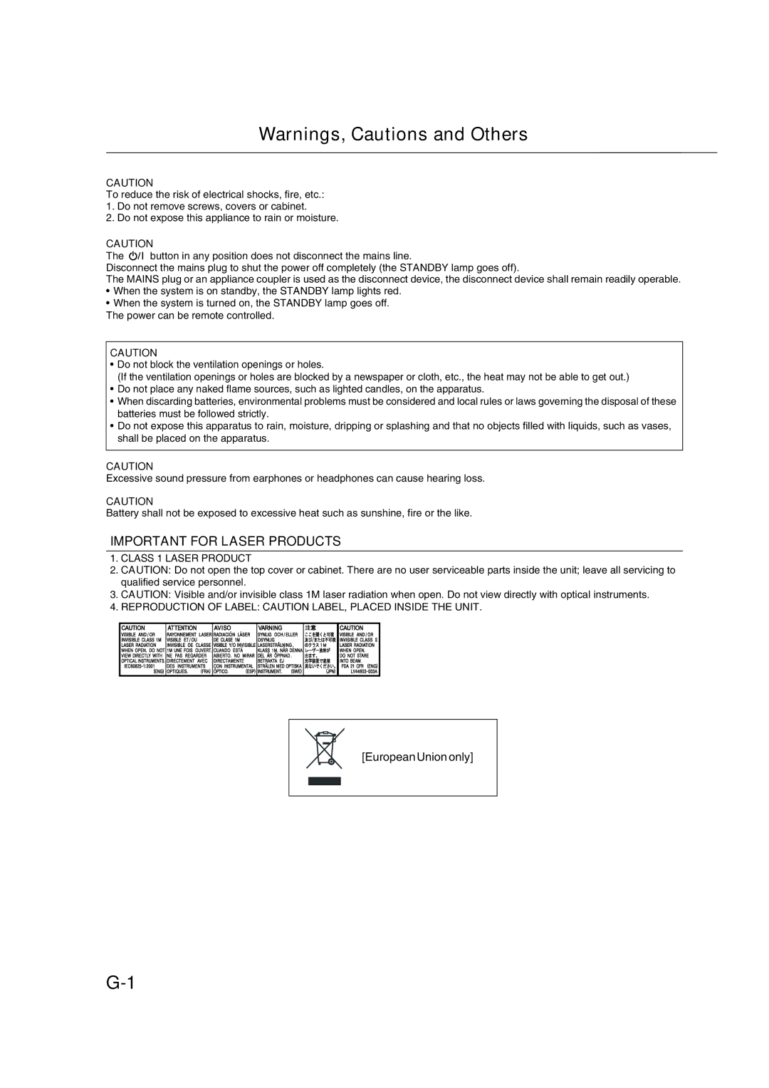 JVC CA-DXU20, GVT0270-001A, CA-DXU9 manual Important for Laser Products 