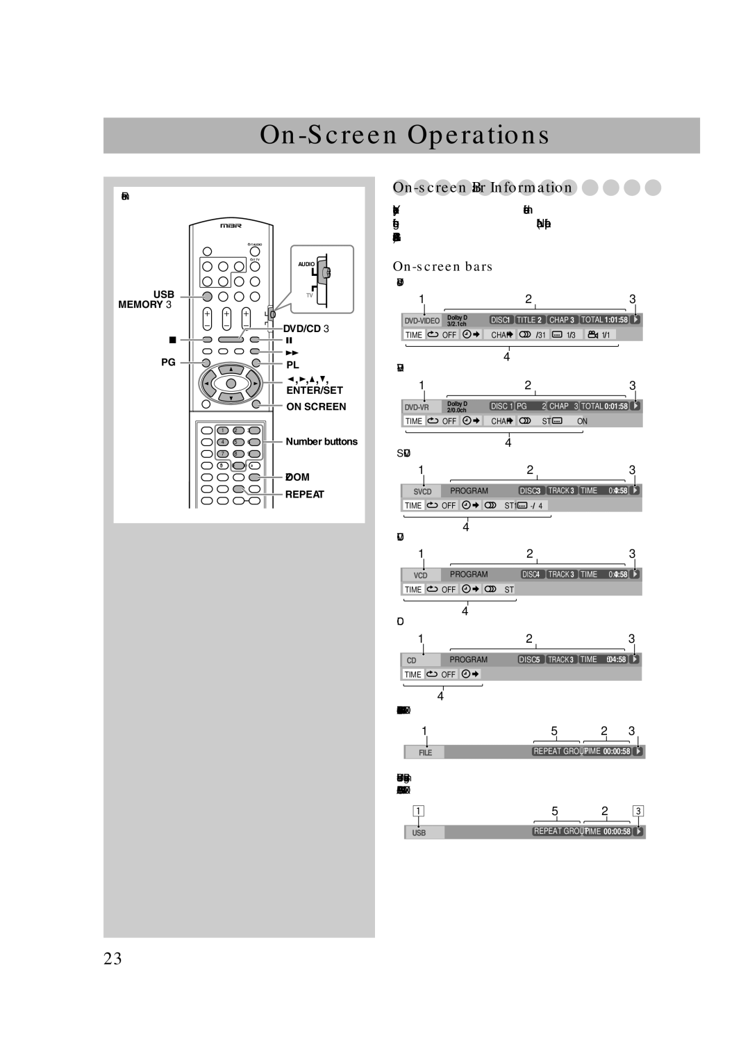 JVC CA-DXU20, GVT0270-001A, CA-DXU9 manual On-Screen Operations, On-screen Bar Information, On-screen bars 