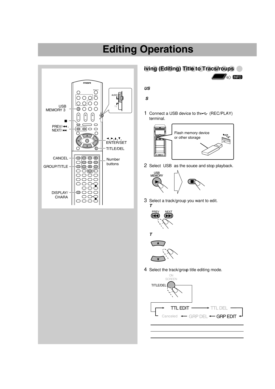 JVC GVT0270-001A, CA-DXU9, CA-DXU20 manual Editing Operations, Giving Editing Titles to Tracks/Groups, TTL Edit TTL DEL 