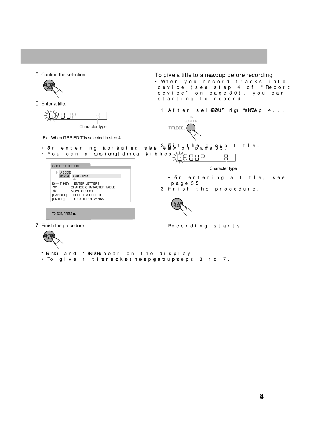 JVC CA-DXU9, GVT0270-001A, CA-DXU20 To give a title to a new group before recording, Confirm the selection, Enter a title 