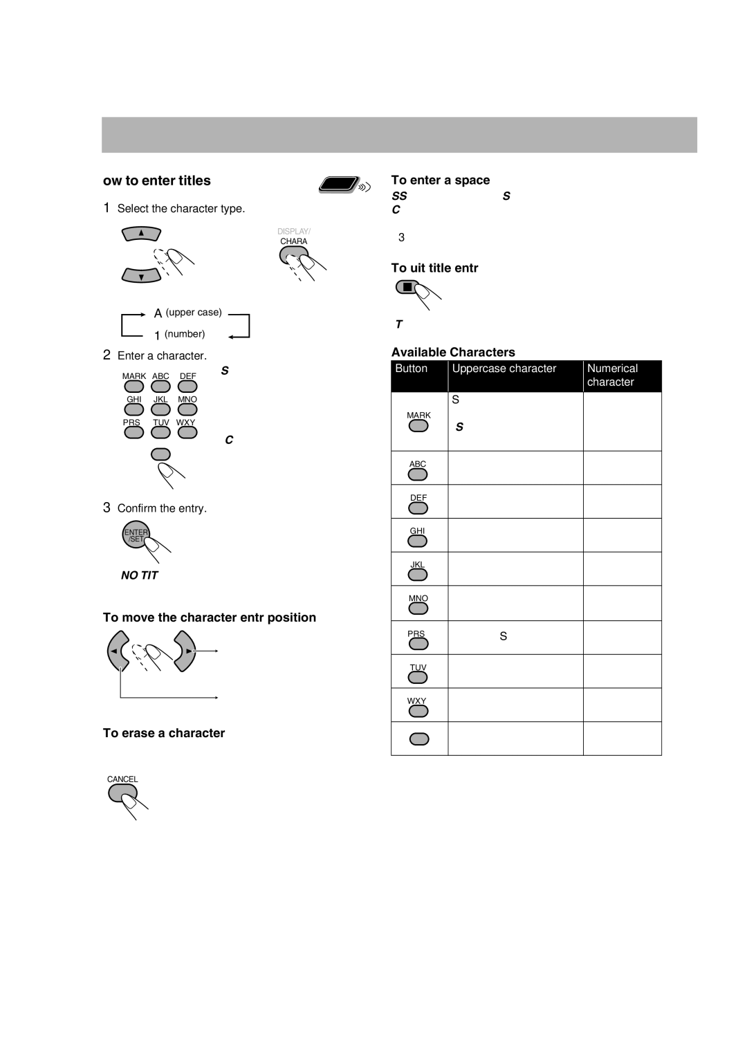 JVC CA-DXU20, CA-DXU9 To enter a space, To quit title entry, Available Characters, To move the character entry position 