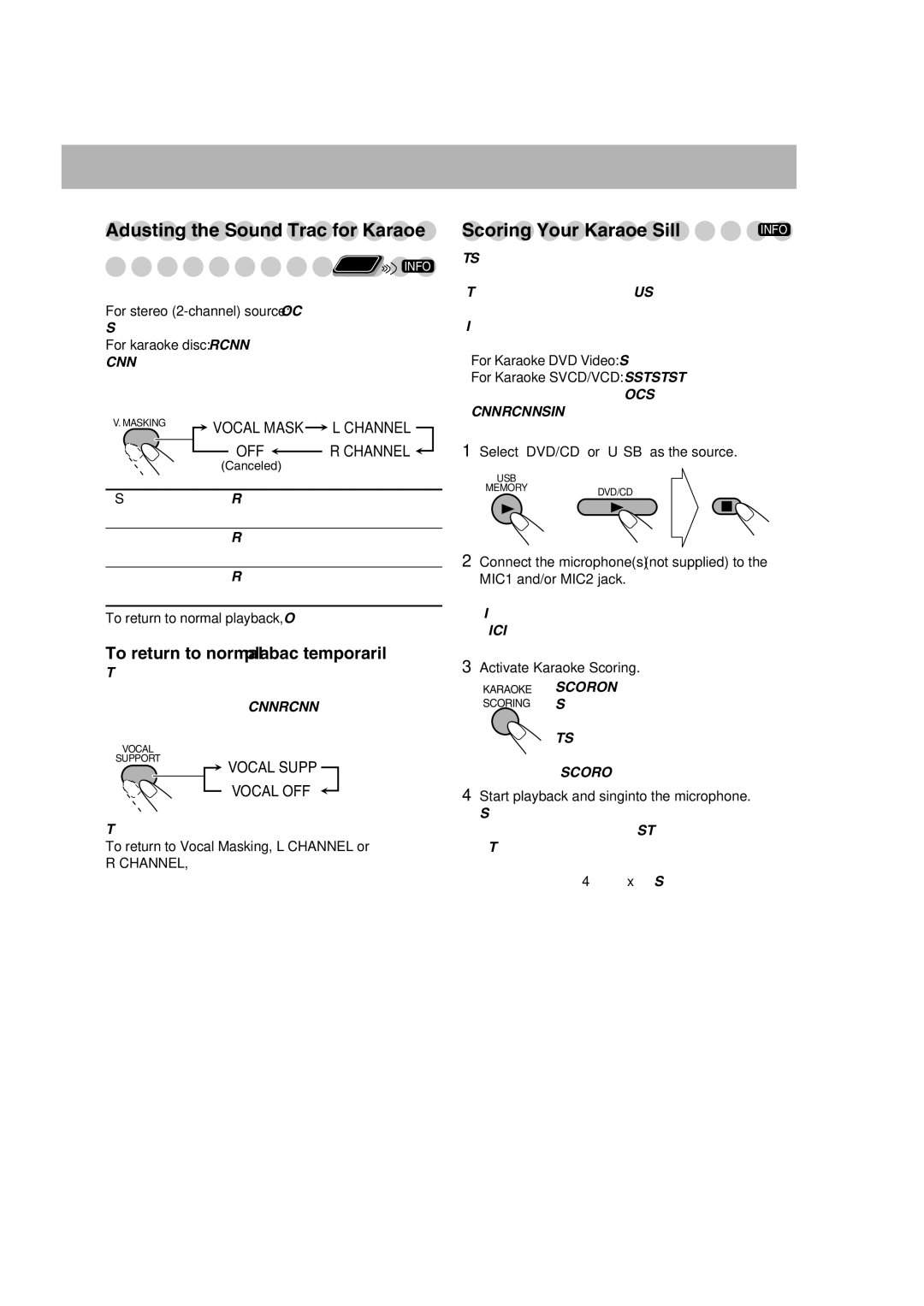 JVC CA-DXU20 manual Adjusting the Sound Track for Karaoke, To return to normal playback temporarily, Vocal Mask L Channel 