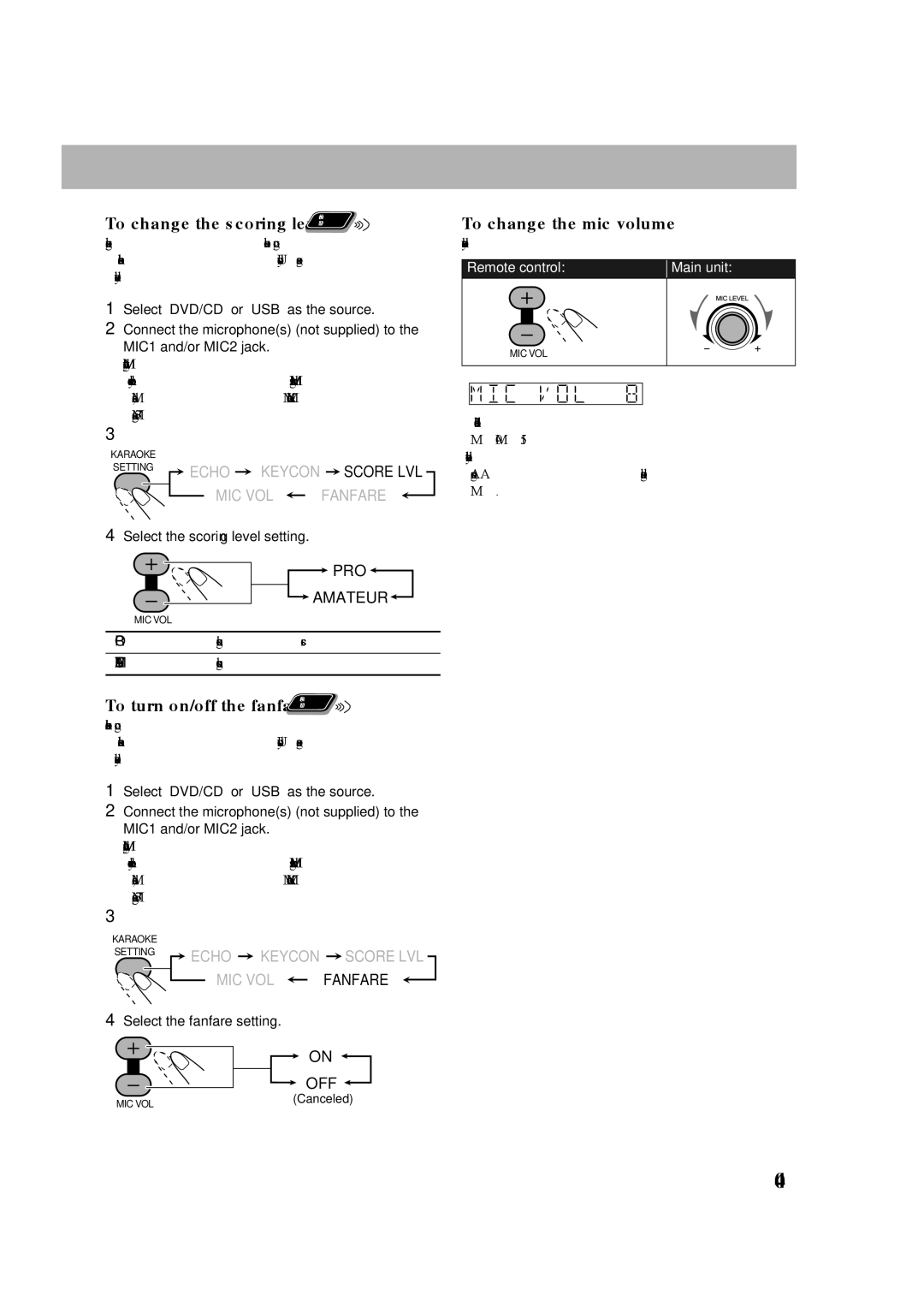 JVC CA-DXU9, GVT0270-001A, CA-DXU20 manual To change the mic volume, Amateur, Fanfare, Off 