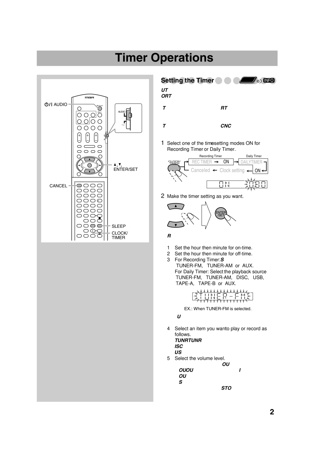 JVC GVT0270-001A, CA-DXU9 Timer Operations, Setting the Timer, Make the timer setting as you want, Select the volume level 