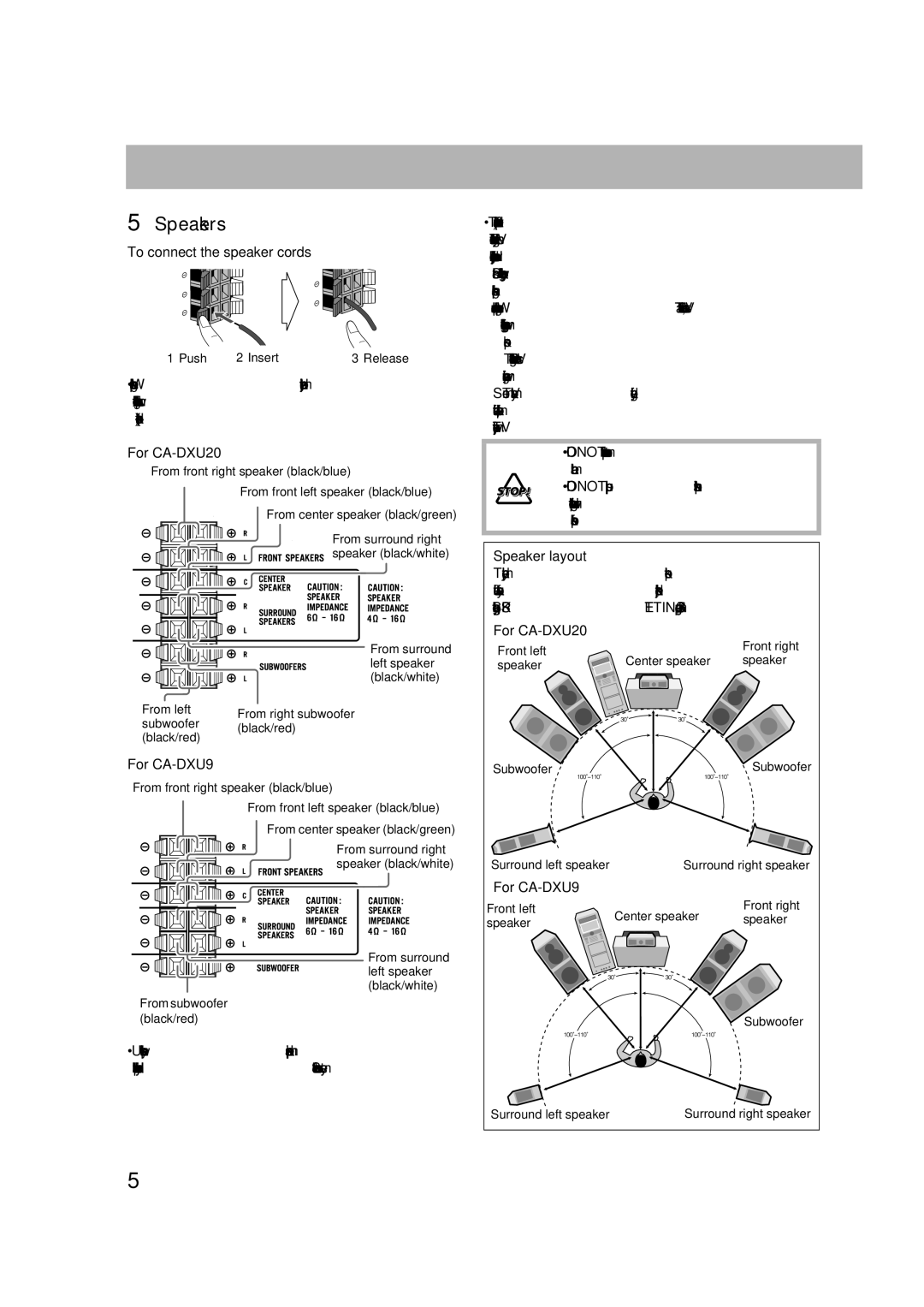 JVC GVT0270-001A manual Speakers, To connect the speaker cords, For CA-DXU20, Speaker layout, For CA-DXU9 