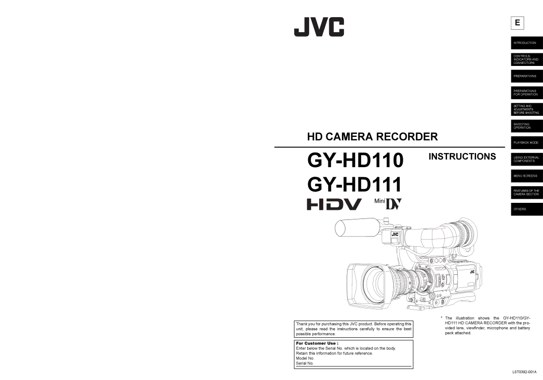 JVC GY- HD111 HD CAMERA RECORDER manual GY-HD111, For Customer Use 