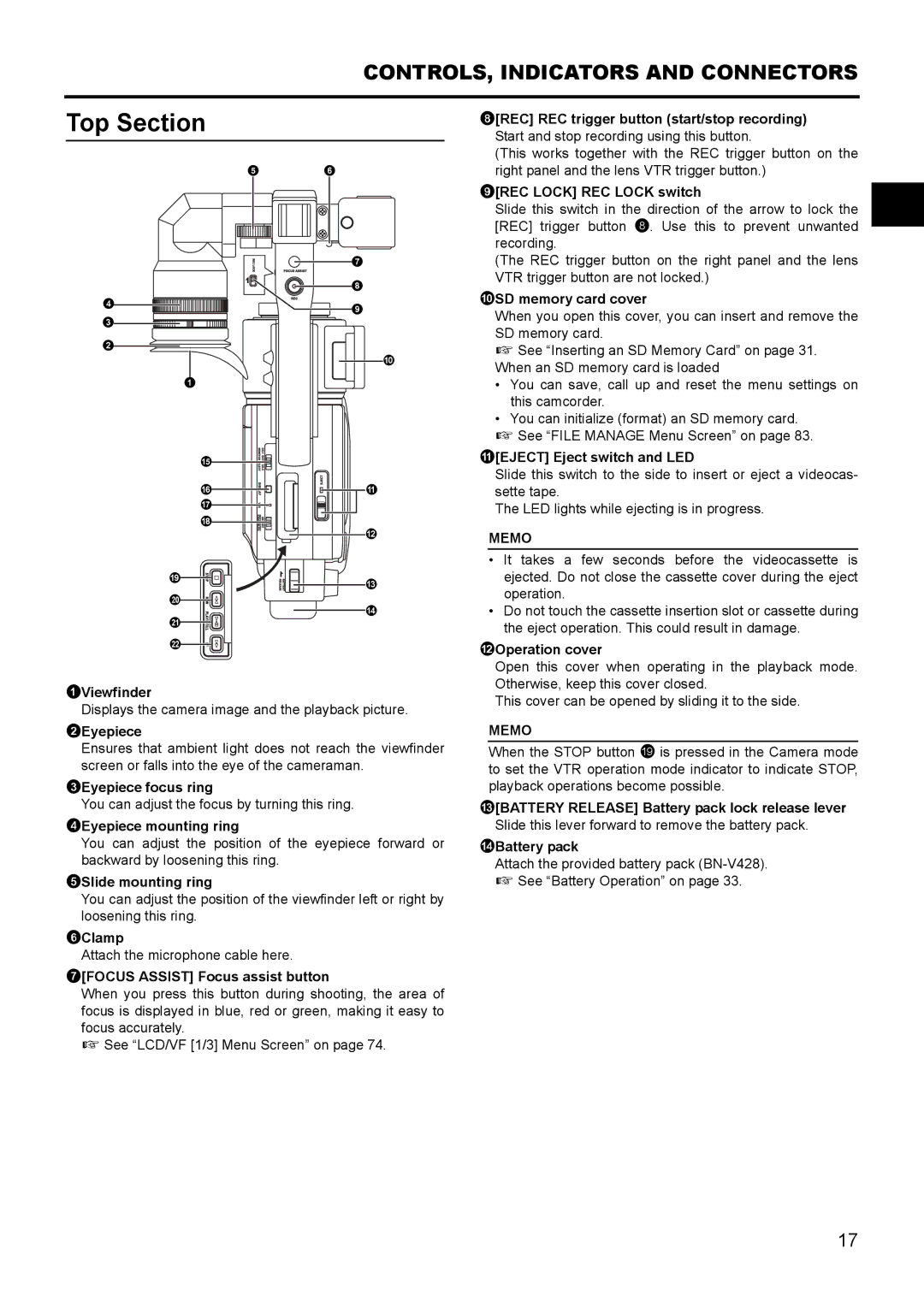 JVC GY- HD111 HD CAMERA RECORDER manual Top Section 