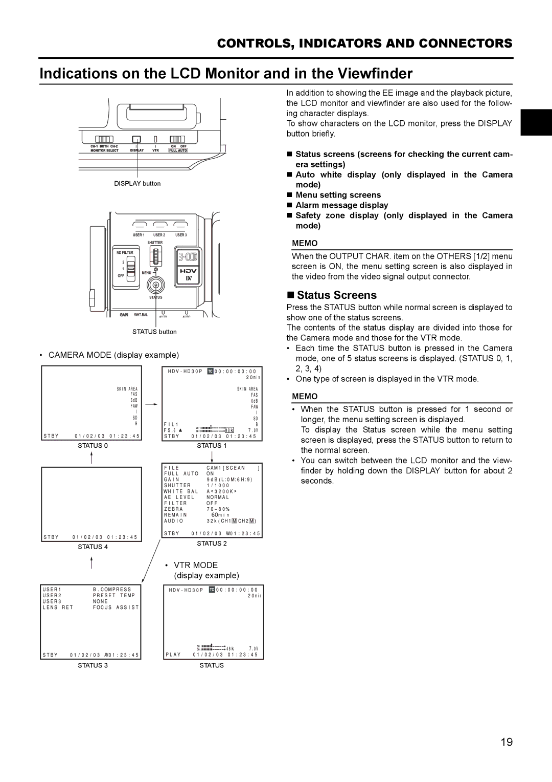 JVC GY- HD111 HD CAMERA RECORDER manual Indications on the LCD Monitor and in the Viewfinder, „ Status Screens 