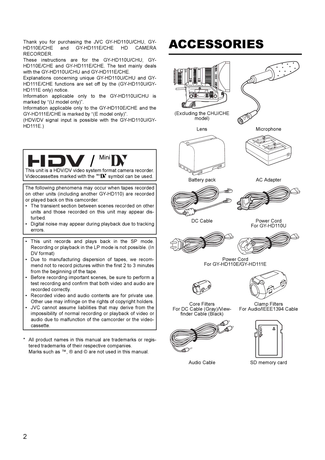 JVC GY- HD111 HD CAMERA RECORDER manual Accessories, Excluding the CHU/CHE Model LensMicrophone 