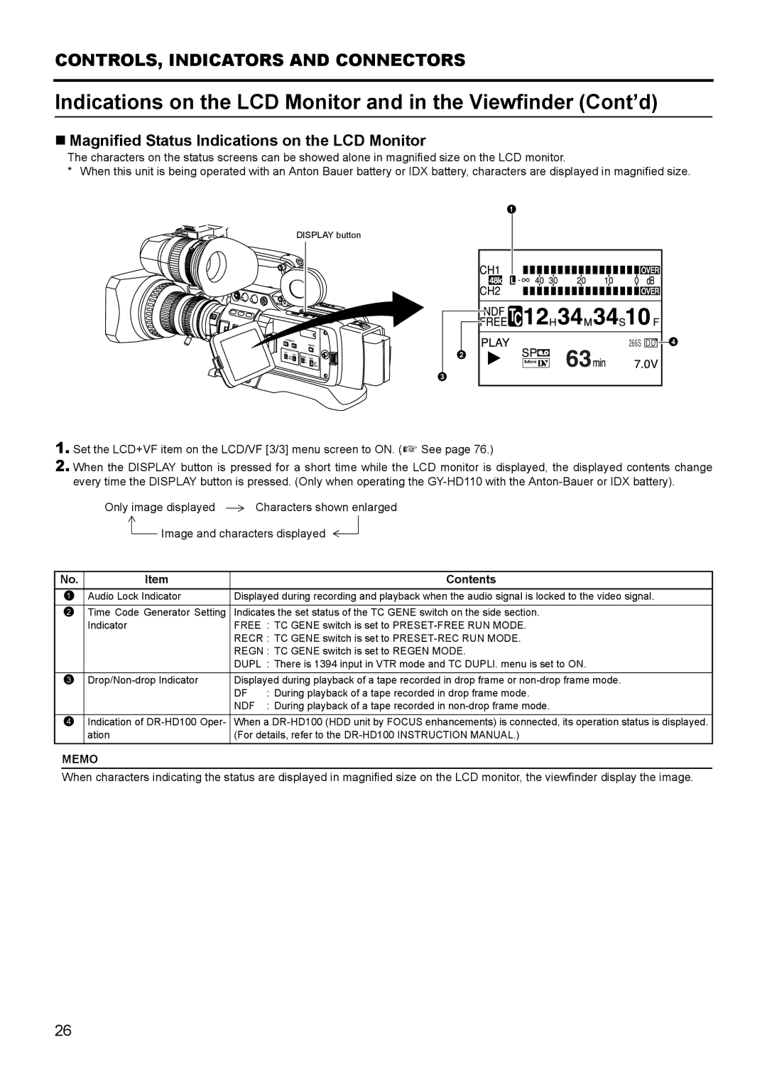 JVC GY- HD111 HD CAMERA RECORDER manual „ Magnified Status Indications on the LCD Monitor, Ndf 