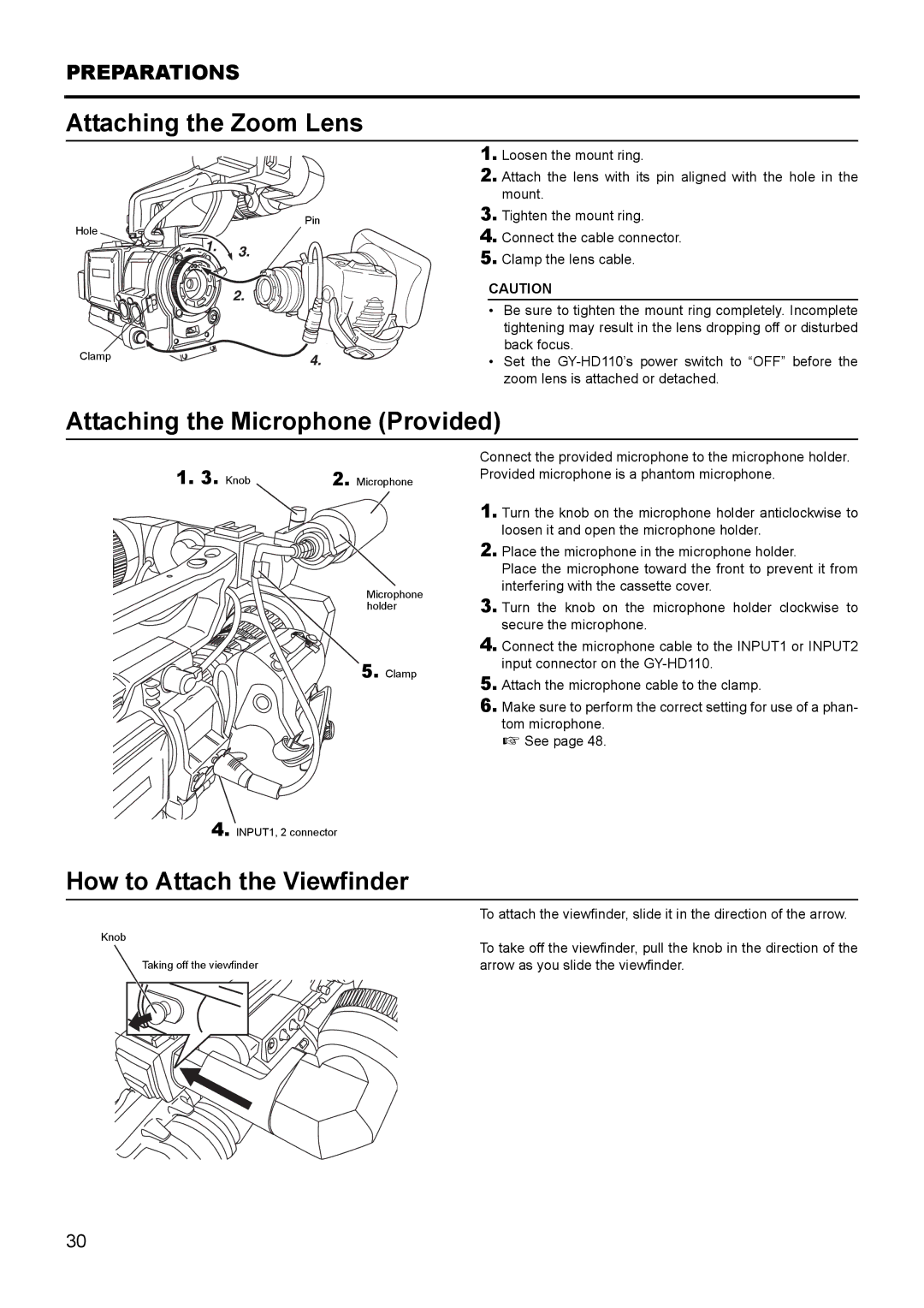 JVC GY- HD111 HD CAMERA RECORDER Attaching the Zoom Lens, Attaching the Microphone Provided, How to Attach the Viewfinder 