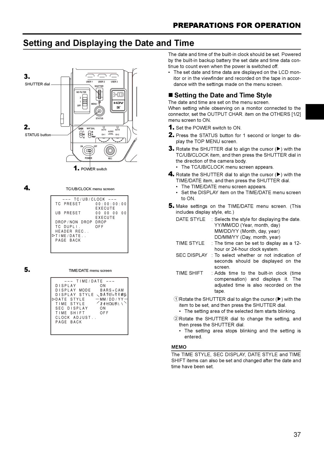 JVC GY- HD111 HD CAMERA RECORDER manual Setting and Displaying the Date and Time, „ Setting the Date and Time Style 