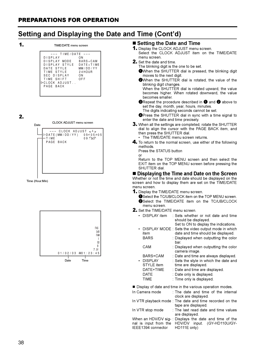 JVC GY- HD111 HD CAMERA RECORDER manual Setting and Displaying the Date and Time Cont’d, „ Setting the Date and Time 