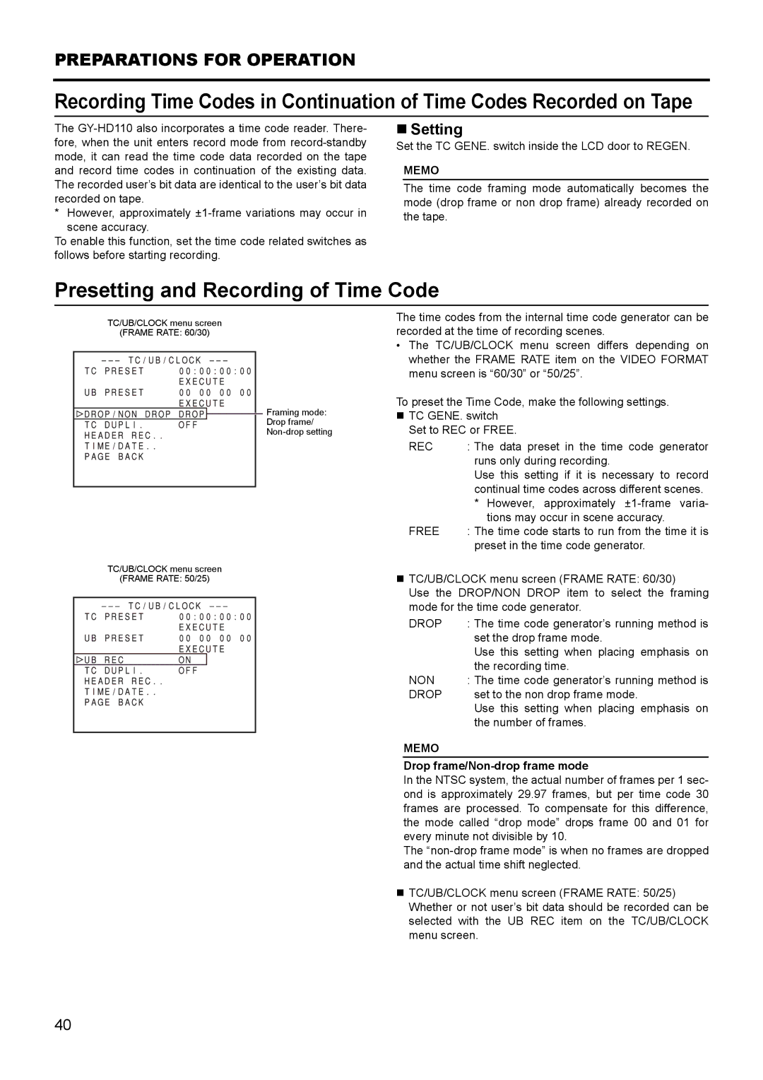 JVC GY- HD111 HD CAMERA RECORDER manual Presetting and Recording of Time Code, Drop frame/Non-drop frame mode 