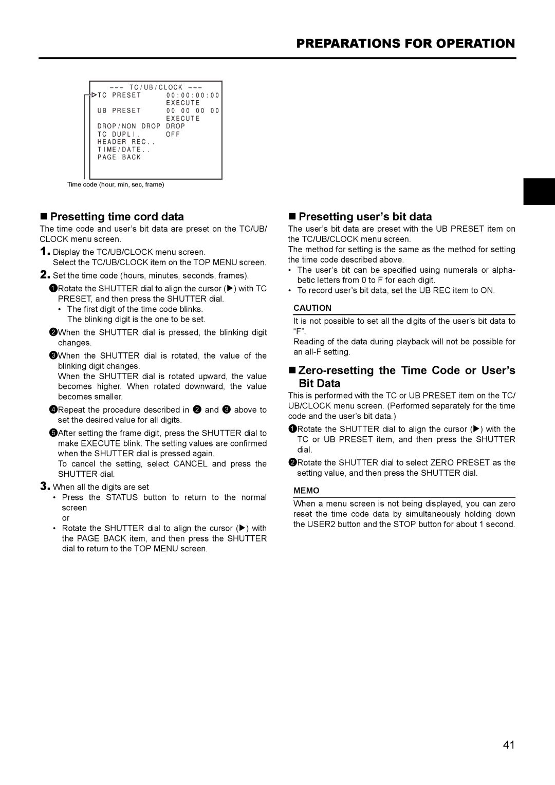 JVC GY- HD111 HD CAMERA RECORDER manual „ Presetting time cord data, „ Presetting user’s bit data 