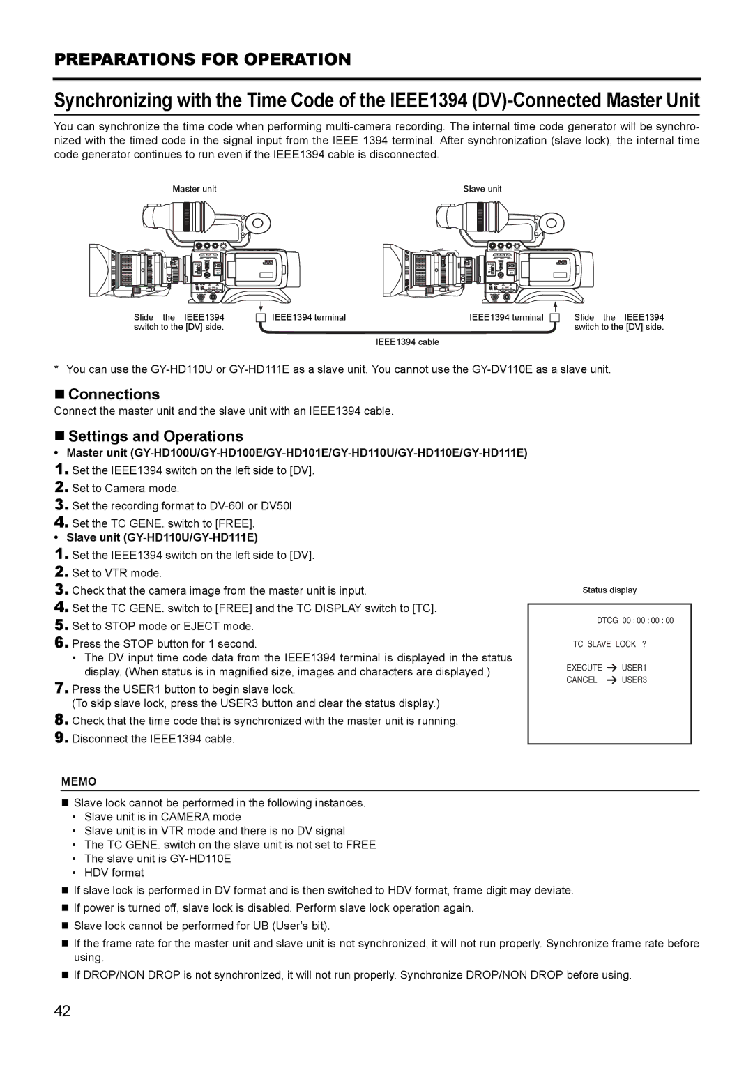 JVC GY- HD111 HD CAMERA RECORDER manual „ Connections, „ Settings and Operations, Slave unit GY-HD110U/GY-HD111E 