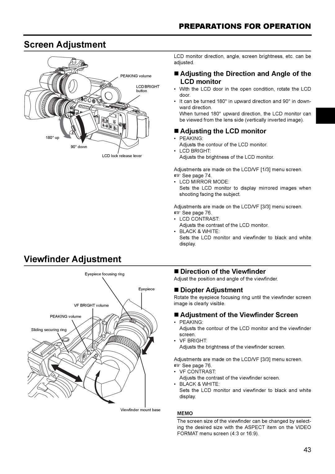 JVC GY- HD111 HD CAMERA RECORDER manual Screen Adjustment, Viewfinder Adjustment 