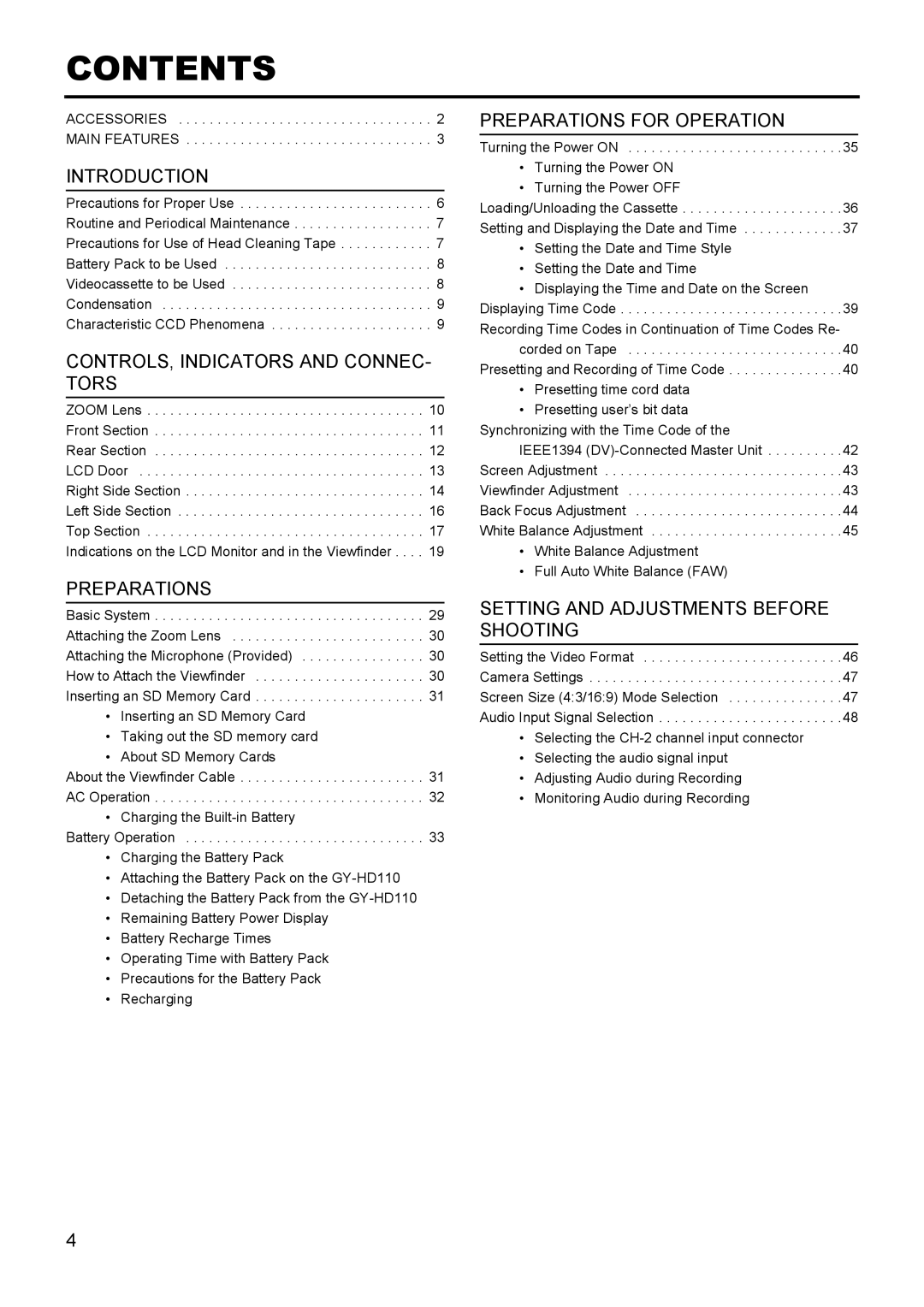 JVC GY- HD111 HD CAMERA RECORDER manual Contents 