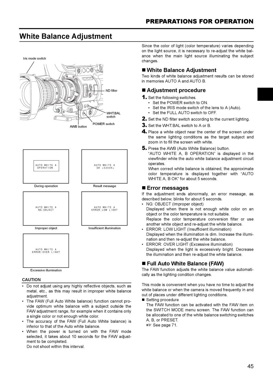 JVC GY- HD111 HD CAMERA RECORDER manual „ White Balance Adjustment, „ Adjustment procedure, „ Error messages 