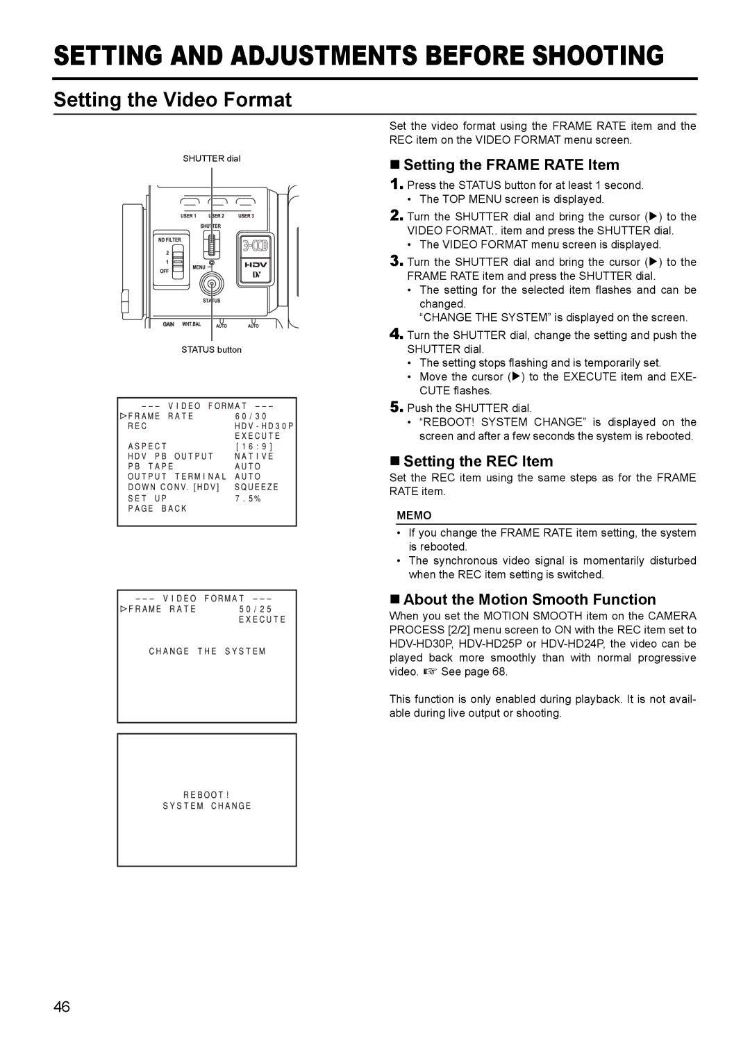 JVC GY- HD111 HD CAMERA RECORDER manual Setting the Video Format, „ Setting the Frame Rate Item, „ Setting the REC Item 