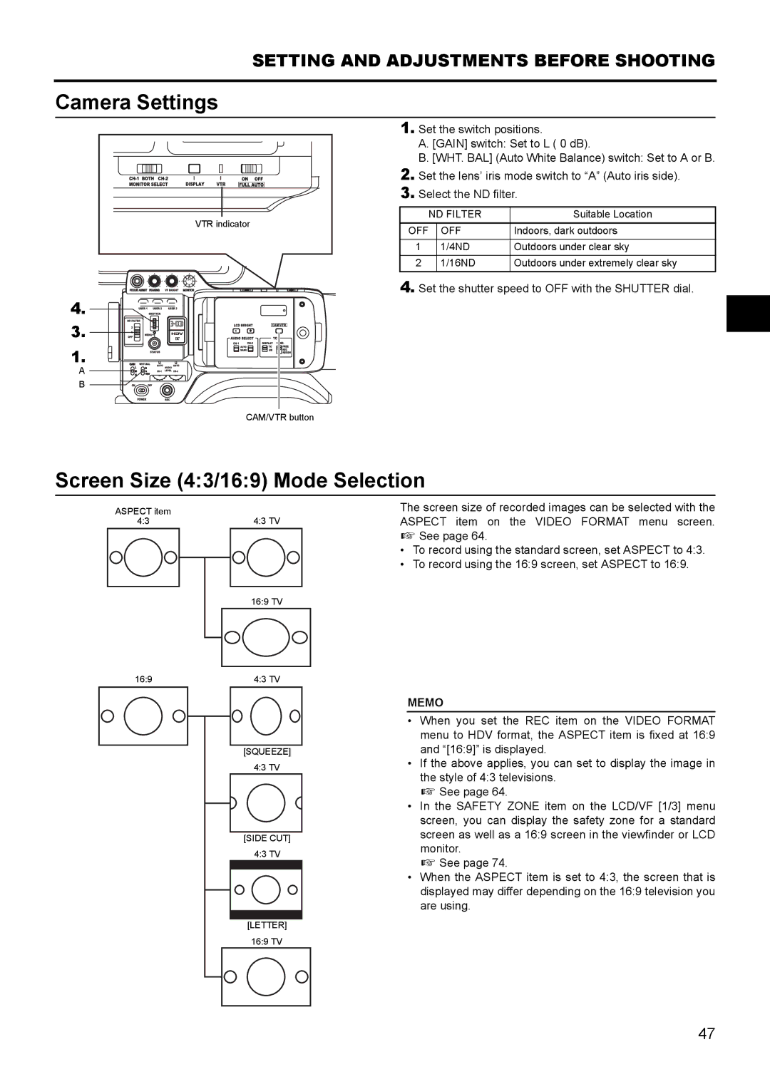 JVC GY- HD111 HD CAMERA RECORDER manual Camera Settings, Screen Size 43/169 Mode Selection, ND Filter 