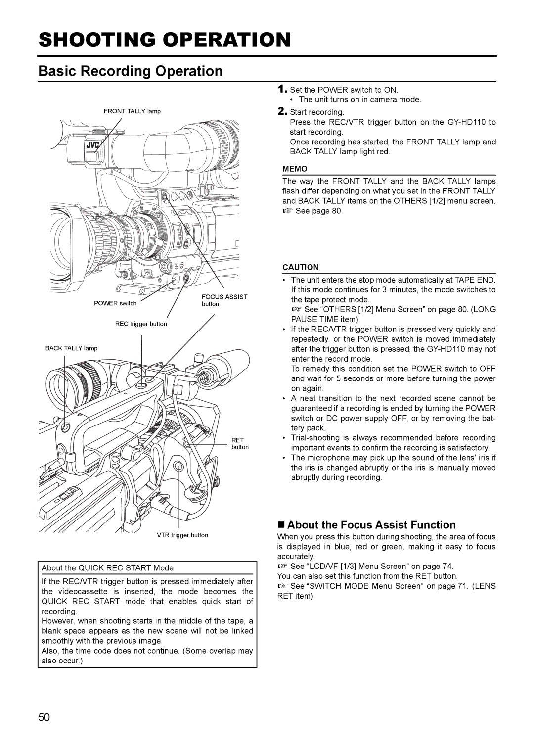 JVC GY- HD111 HD CAMERA RECORDER manual Shooting Operation, Basic Recording Operation, „ About the Focus Assist Function 