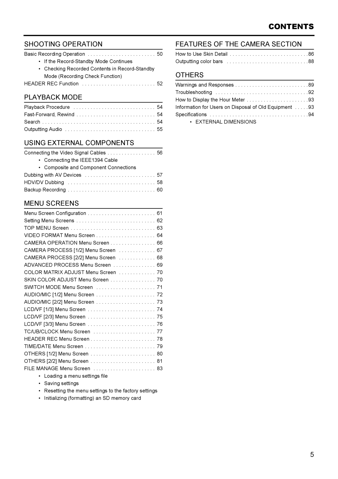 JVC GY- HD111 HD CAMERA RECORDER manual Contents 