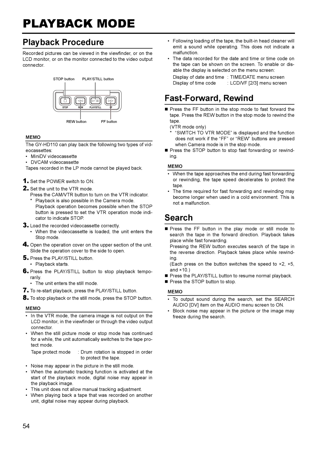 JVC GY- HD111 HD CAMERA RECORDER manual Playback Mode, Playback Procedure, Fast-Forward, Rewind, Search 