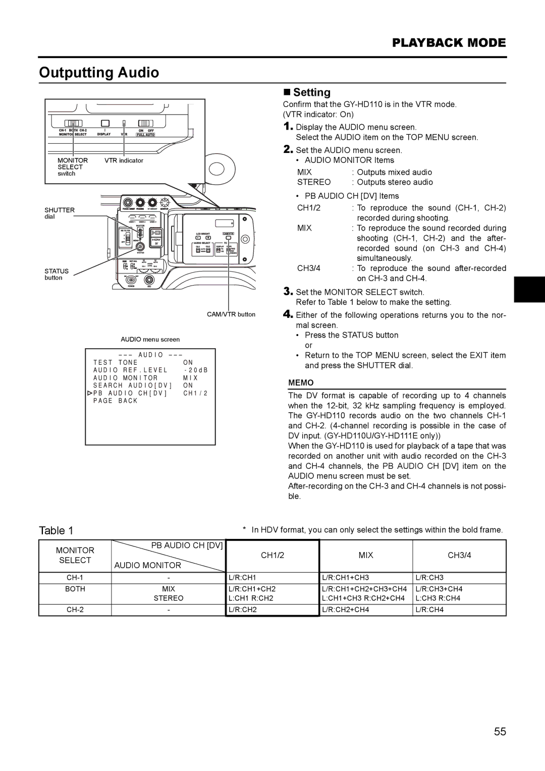 JVC GY- HD111 HD CAMERA RECORDER manual Outputting Audio, Mix, Stereo, Monitor PB Audio CH DV, Select Audio Monitor 