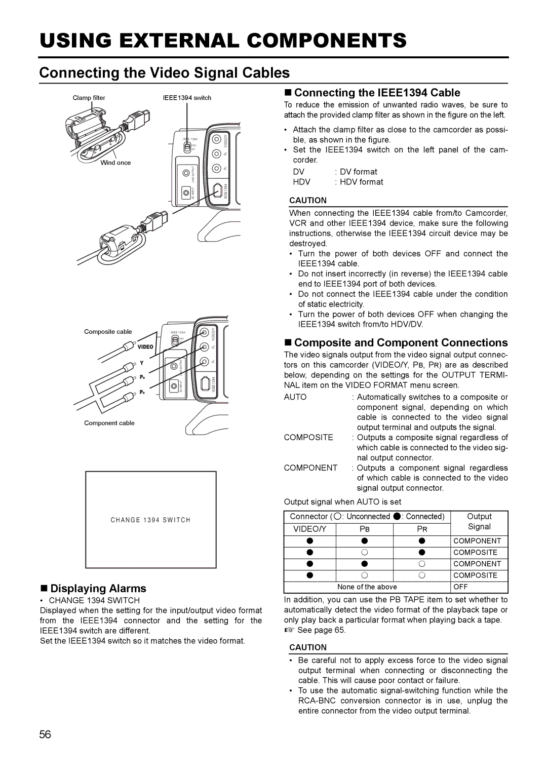 JVC GY- HD111 HD CAMERA RECORDER manual Using External Components, Connecting the Video Signal Cables, „ Displaying Alarms 