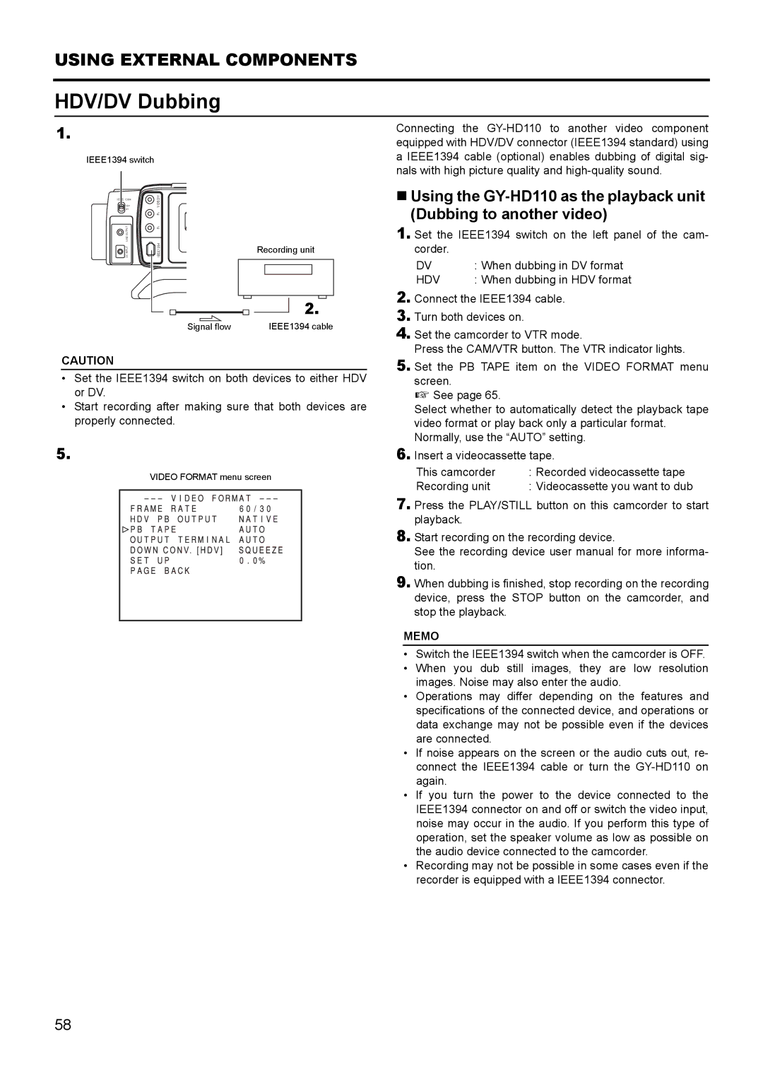 JVC GY- HD111 HD CAMERA RECORDER manual HDV/DV Dubbing 