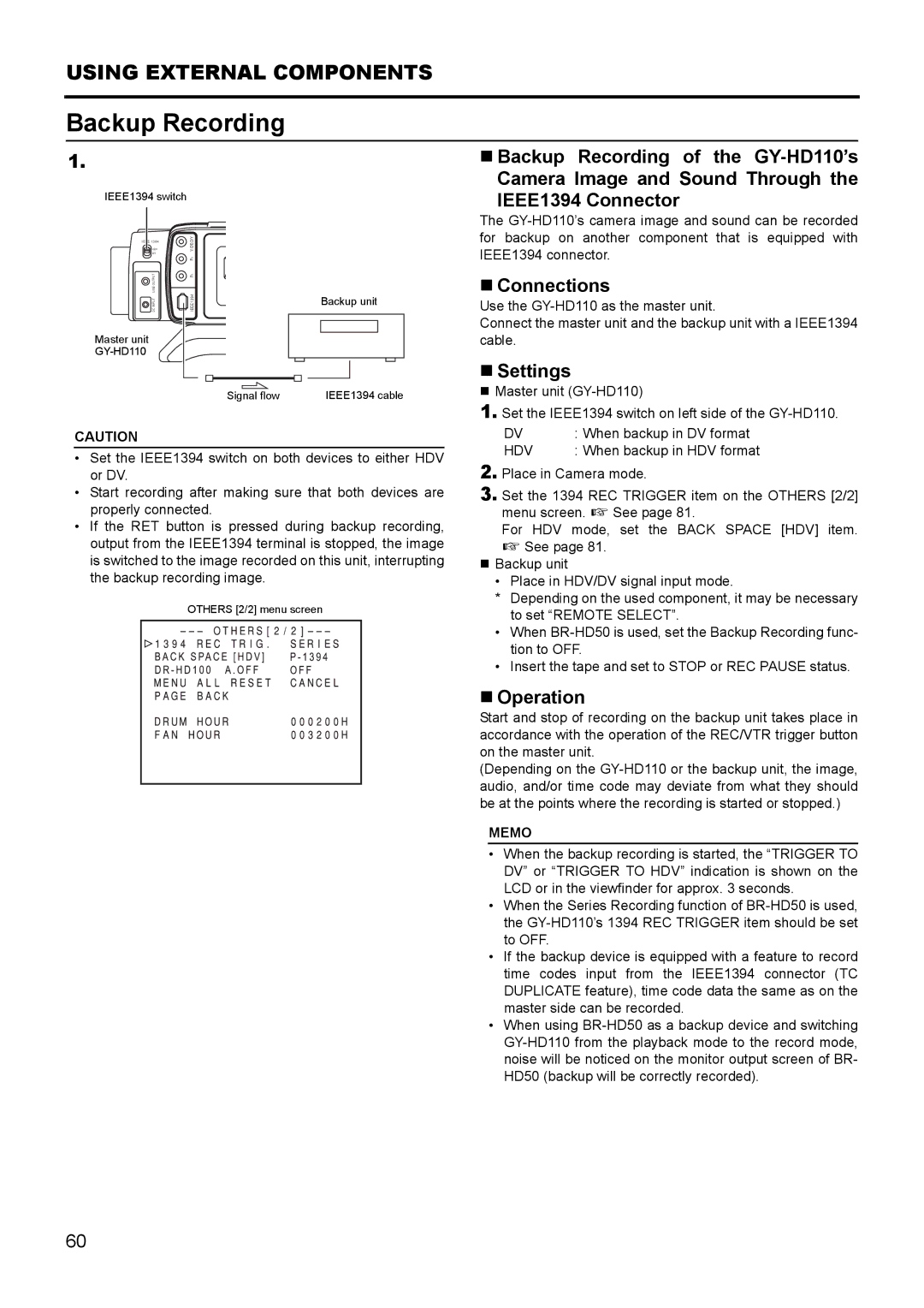 JVC GY- HD111 HD CAMERA RECORDER manual Backup Recording, „ Settings, „ Operation 