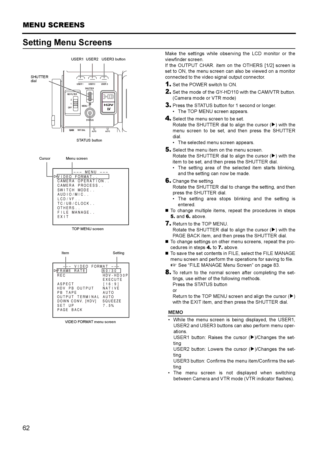 JVC GY- HD111 HD CAMERA RECORDER manual Setting Menu Screens 