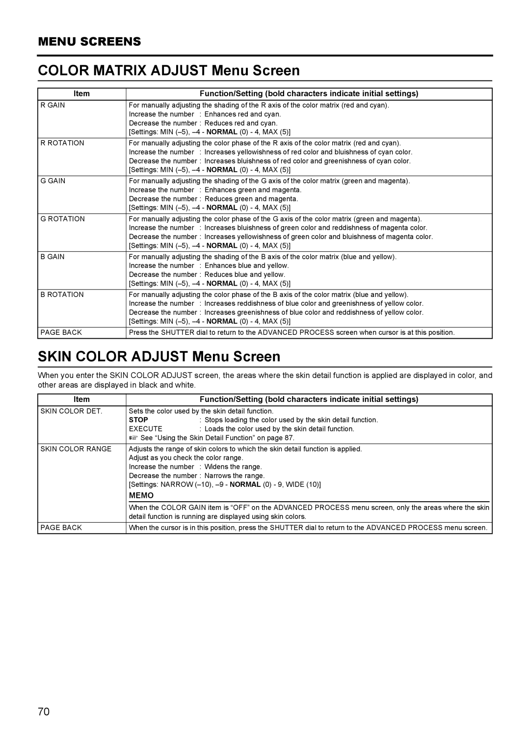 JVC GY- HD111 HD CAMERA RECORDER manual Color Matrix Adjust Menu Screen, Skin Color Adjust Menu Screen, Stop 